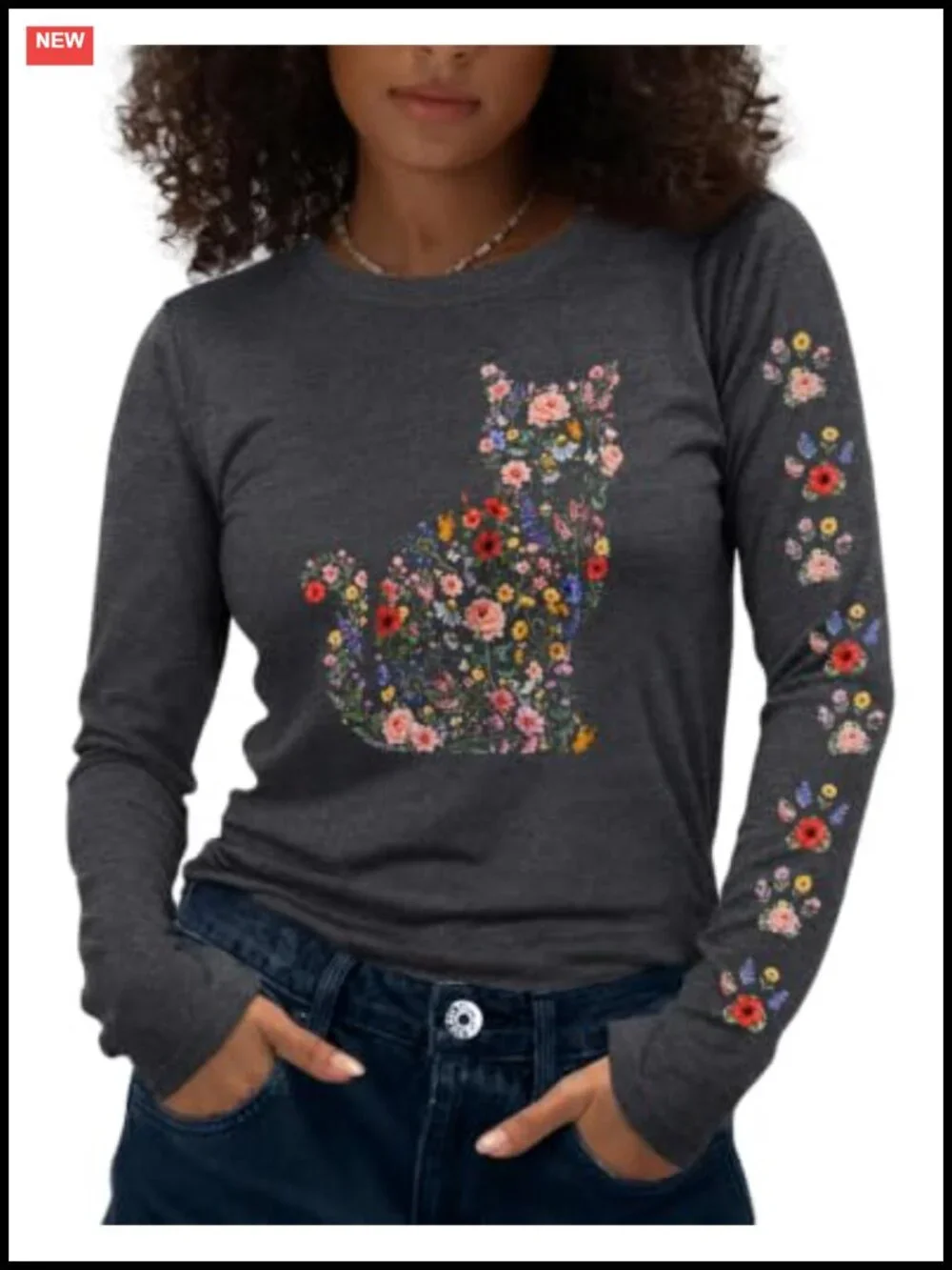 Cute Cat Graphic Long Sleeve Tee for Women, Casual Crewneck Pullover, Soft